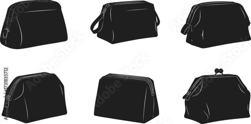 Set of six cosmetic and toiletry bag silhouettes with varied shapes, zipper and clasp closures, ideal for fashion design reference