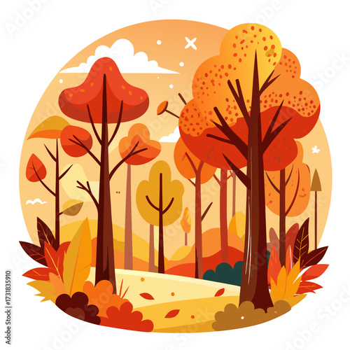 Vector illustration of vibrant autumn forest scene with stylized trees in warm orange, yellow, and red hues, depicting a colorful fall landscape with falling leaves and a gentle path