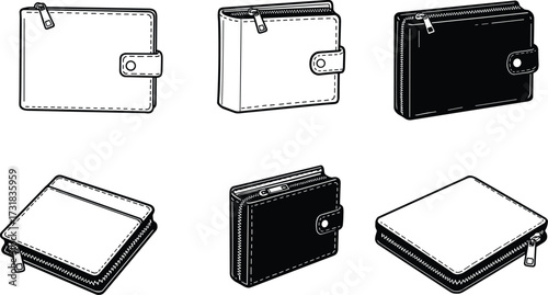 Wallet illustrations with zipper and snap closures, front and side views, fashion accessory icons for ecommerce, branding, retail, packaging