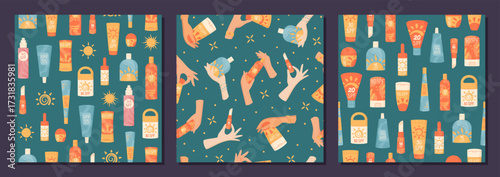 Cartoon seamless pattern with spf sunscreen bottle and lotion tube shapes. Set of stick spray and container with sun, hold summer care as the main theme. Ideal for cosmetic packaging sun protection
