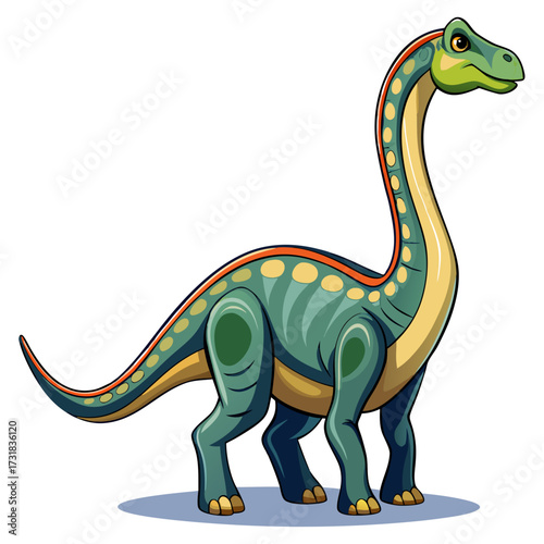 Vector illustration of adorable cartoon depiction of a green brontosaurus dinosaur with a long neck and tail, facing right, isolated on a