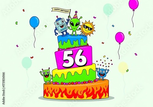 Fun vector illustration of a multi-tiered 56th birthday cake decorated with cartoon monsters, aliens, flames, and balloons.