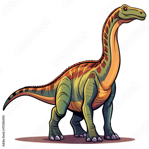 Vector illustration of a cartoon illustration of a green and yellow brachiosaurus dinosaur with a long neck, standing on a