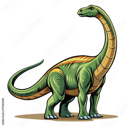 Vector illustration of a cartoon illustration of a green and yellow brachiosaurus dinosaur with a long neck, standing on a