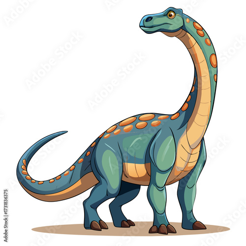 Vector illustration of a cartoon illustration of a blue brachiosaurus dinosaur with orange spots, standing on a