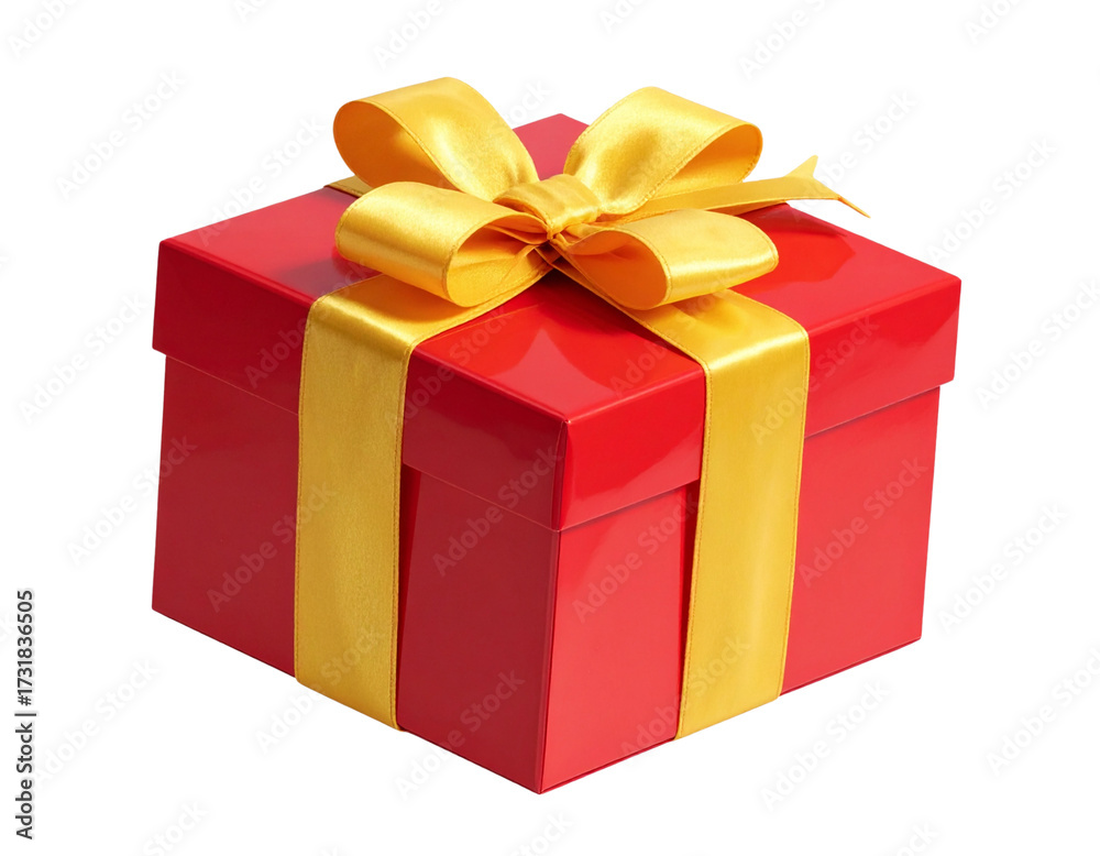 Fototapeta premium Shiny Red Gift Box with Yellow Satin Ribbon Isolated on Transparent Background