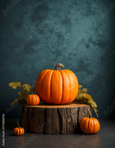 Moody still life with vibrant orange pumpkins on a rustic wood stump. Dark teal background contrasts for a Halloween or Thanksgiving theme.