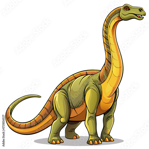 Vector illustration of a cartoon illustration of a green and yellow brachiosaurus dinosaur standing on a