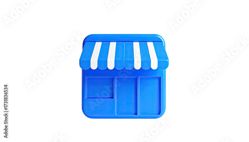 3D rendering of a blue shop building icon with awning on a stark black background