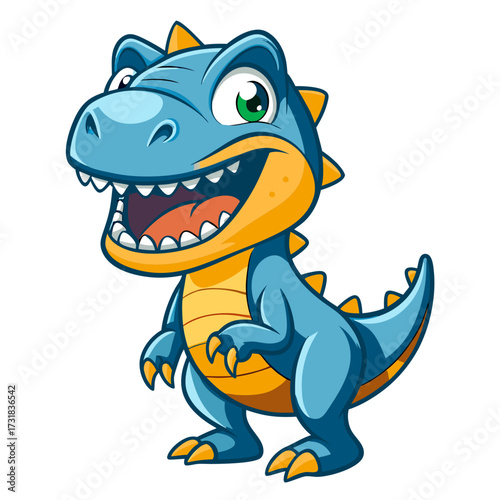 Vector illustration of a cartoon illustration of a happy blue and orange baby dinosaur with big eyes and an open mouth, standing on a