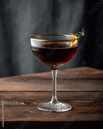 Exquisite Cocktail: A meticulously crafted cocktail is presented in a vintage glass, with golden rims and elegant stemware, ready to celebrate sophisticated taste