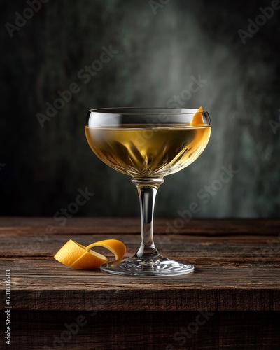Exquisite Cocktail: A perfectly crafted cocktail, presented in a crystal glass and adorned with a delicate orange zest. Set against the backdrop of a moody, dark background.