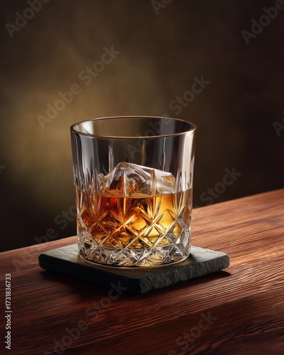 Whiskey on the Rocks: A classy and elegant shot of whiskey on the rocks, the amber liquid glowing warmly in a crystal tumbler resting on a wooden coaster, inviting the viewer to indulge.