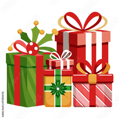 Vector illustration of a vibrant assortment of wrapped gift boxes with decorative bows and ribbons, isolated on a