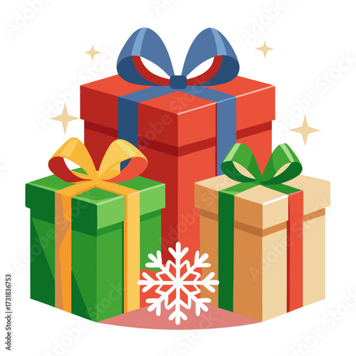Vector illustration of three festive gift boxes with bows and a snowflake, isolated on a