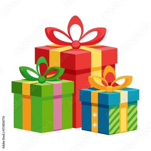 Vector illustration of a collection of colorful gift boxes with ribbons and bows, isolated on a