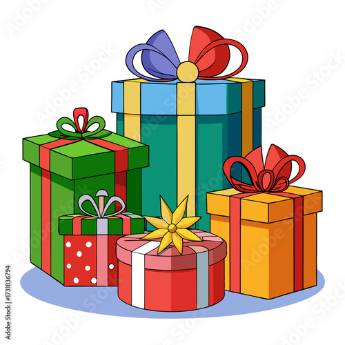 Vector illustration of a collection of colorful gift boxes with ribbons and bows, perfect for celebrations and holidays