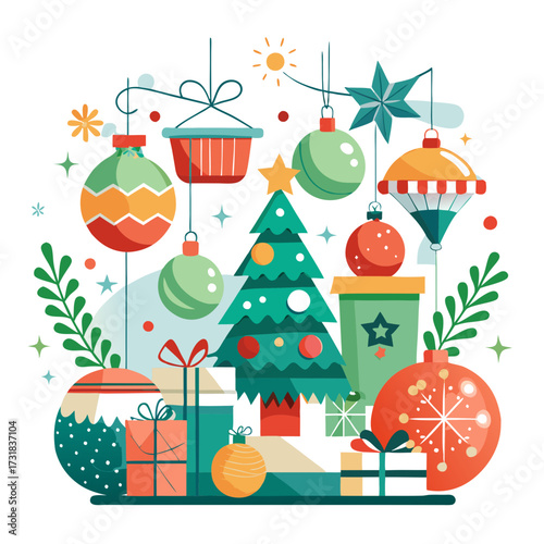 Vector illustration of whimsical christmas display featuring a stylized tree, hanging ornaments, and wrapped gifts