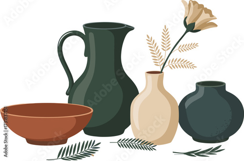 Minimalist ceramic pottery still life vector illustration with vases, bowl, decorative flower, natural leaves, modern boho home decor design