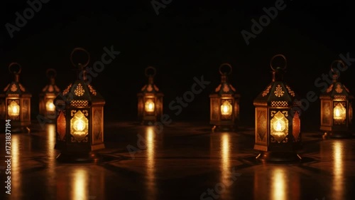 Row of Traditional Glowing Ramadan Lanterns in the Dark.