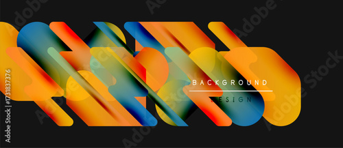Abstract colorful shapes overlap dark background. Modern design elements create dynamic visual texture. Gradient colors provide depth.