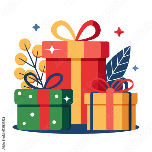 Vector illustration of three beautifully wrapped gift boxes with decorative elements like leaves and berries, suggesting a holiday theme, isolated on a