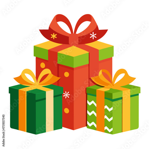 Vector illustration of a festive arrangement of three colorful gift boxes with ribbons and bows, isolated on a