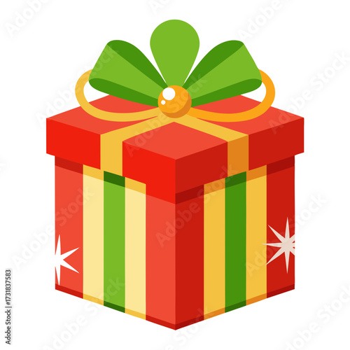 Vector illustration of a festive red gift box with green and yellow stripes, adorned with a green bow and isolated on a