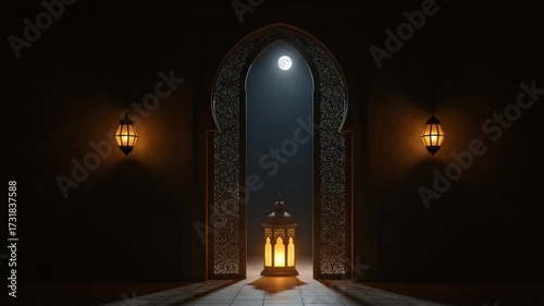 Ramadan Night Scene with Ornate Archway and Glowing Lanterns Under Moonlight.