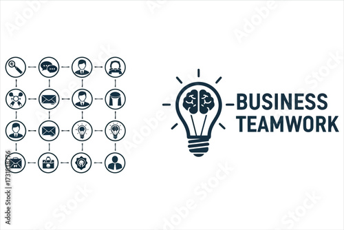 Illustration of business teamwork concept light bulb with brain inside and network of people icons connected by lines, symbolizing collaboration and innovation