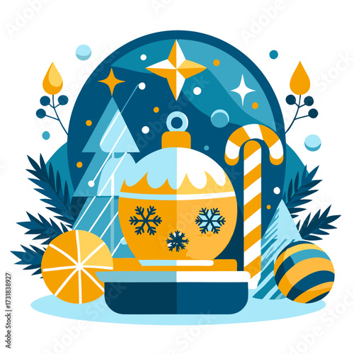Vector illustration of whimsical christmas scene featuring a large bauble, candy cane, and festive trees, rendered in a modern flat design style with a blue and yellow color palette