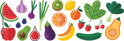 Colorful collection of fresh fruits and vegetables vector illustration, healthy organic food icons set including apple, banana, orange, cucumber, fig