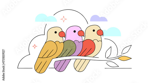 Cute lovebirds sitting on tree branch with soft clouds and stars in background
