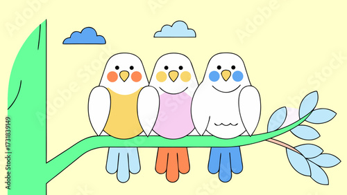 Cute lovebirds with colorful tails sitting happily on tree branch under clear sky