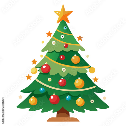 Vector illustration of a decorated christmas tree with ornaments and a star on top, isolated on a