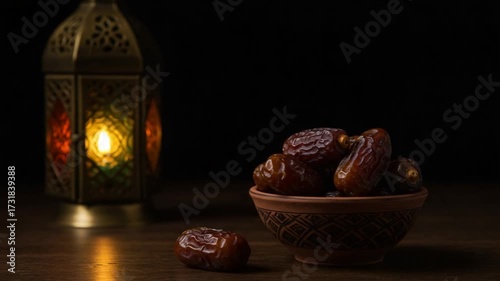Sacred Ramadan Night with Glowing Lantern and Iftar Dates.