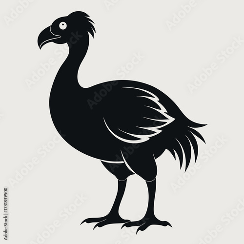 Vector illustration of black silhouette of a dodo bird, an extinct flightless bird, on a light grey background the image is a stylized representation of the bird