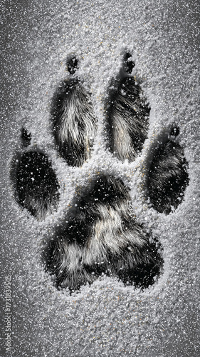 A single paw print in the snow, with detailed fur texture and shimmering glitter, symbolizing mystery or adventure