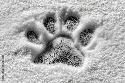 A single paw print in the snow, with detailed fur texture and shimmering glitter, symbolizing mystery or adventure