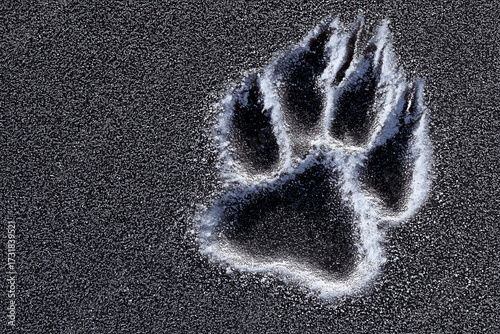 A single paw print in the snow, with detailed fur texture and shimmering glitter, symbolizing mystery or adventure