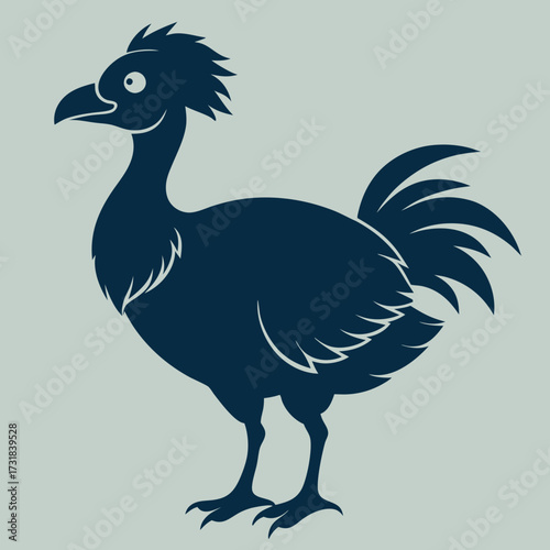Vector illustration of dark blue silhouette of a dodo bird, an extinct flightless bird, on a muted green background this stylized graphic depicts the unique bird