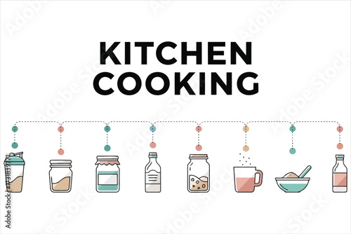 Illustration of kitchen cooking concept various kitchenware and ingredients hanging from a dotted line, representing food preparation and culinary arts