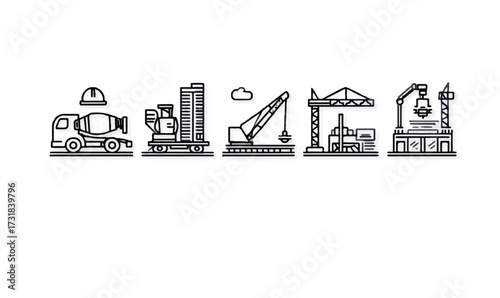 Construction site heavy equipment and infrastructure icons featuring cranes trucks and skyscrapers in outlined design style