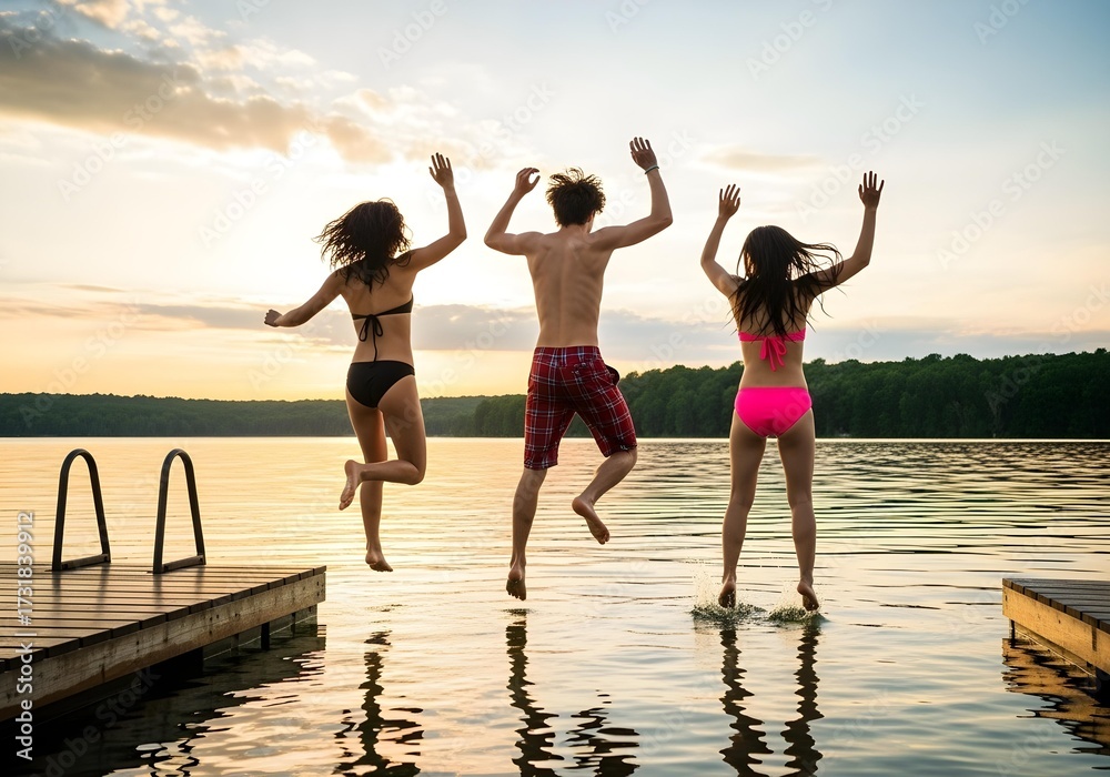 Fototapeta premium Three friends jumping into lake holding hands at sunset celebrating friendship summer travel and water leisure freedom