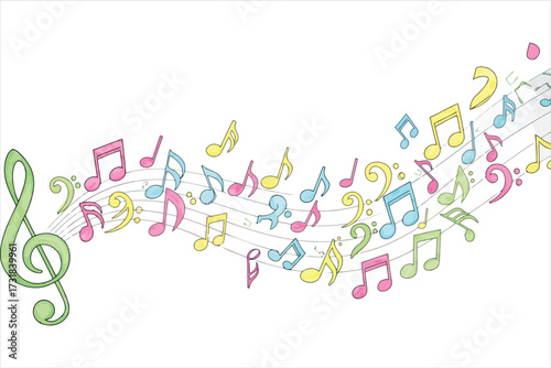 Vector art of colorful musical notes flowing from a treble clef, creating a vibrant and playful design perfect for music education materials, concert posters, and creative projects