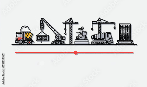 Construction site timeline showing stages with trucks cranes and buildings under development illustration style