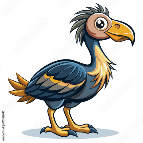 Vector illustration of stylized cartoon dodo bird with dark blue and yellow feathers, standing and looking to the side