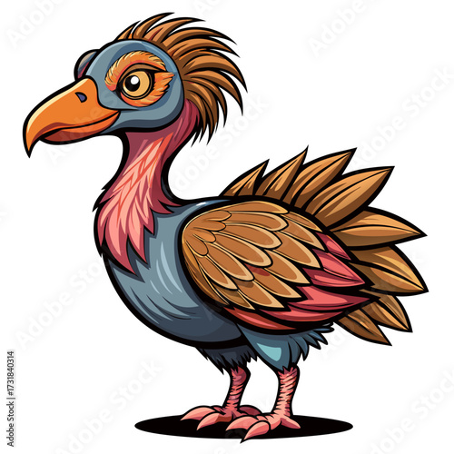 Vector illustration of a cartoon prehistoric bird with colorful feathers and a long beak