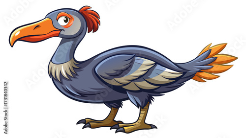 Vector illustration of a stylized cartoon depiction of an extinct bird with a prominent beak and blue and orange feathers