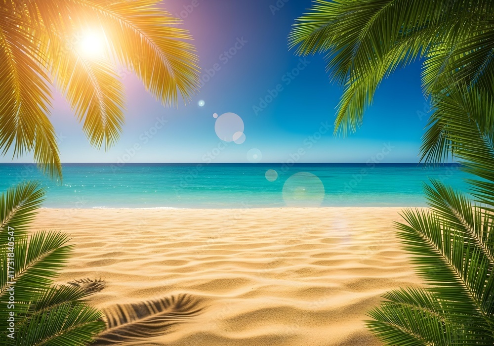 Obraz premium Tropical beach with golden sand turquoise sea green palm leaves and bright sun with lens flare perfect summer holiday travel paradise vacation background